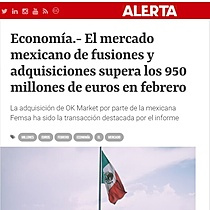 El mercado mexicano de fusiones y adquisiciones supera los 950 millones de euros en febrero